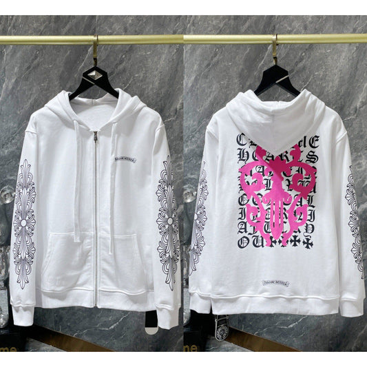 Chrome Hearts Pink Complex Scroll & Cross Zip-Up Hoodie (White)